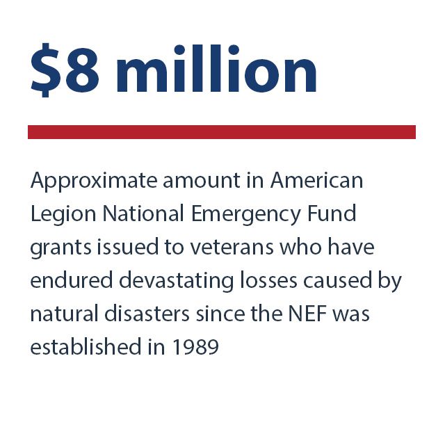 $8 million - Approximate amount in American Legion National Emergency Fund grants issued to veterans who have endured devastating losses caused by natural disasters since the NEF was established in 1989