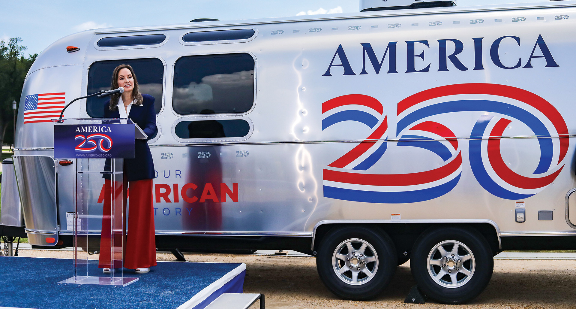 America250 Chair Rosie Rios at the kickoff of the Our American Story Tour in 2025. (Photo via america250.org)