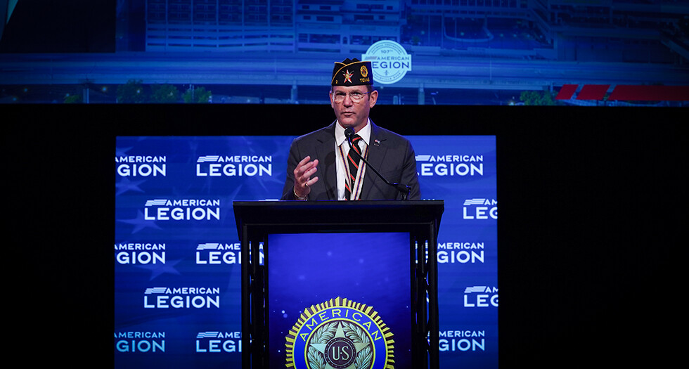 Retired Maj. Gen. John Richardson, USAA Senior VP and head of Policy &amp; Alliances  addresses The American Legion 107th National Convention, Photo by Jeric Wilhelmsen/The American Legion