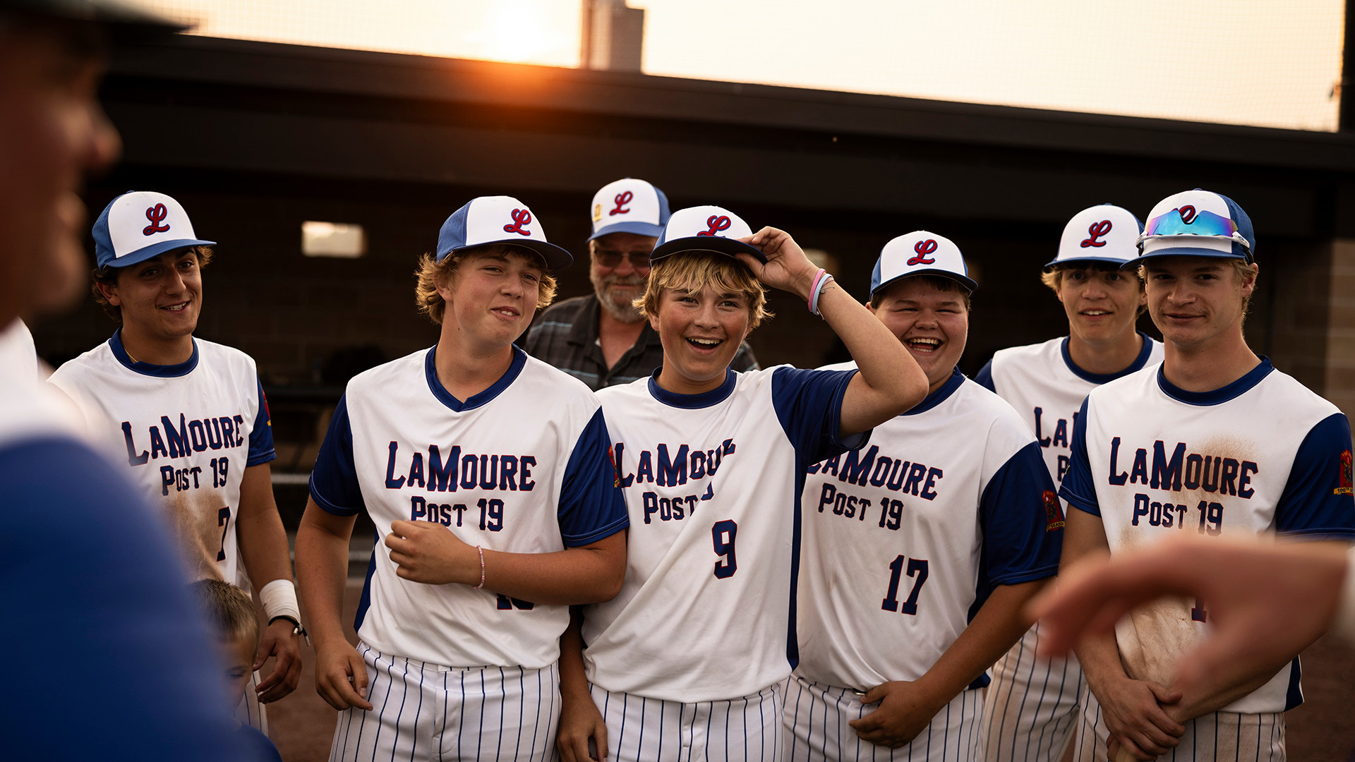 LaMoure North Dakota Post 19 celebrates after winning Game 5 of The American Legion Baseball Centennial Classic in Milbank, S.D. Photo by Chet Strange
