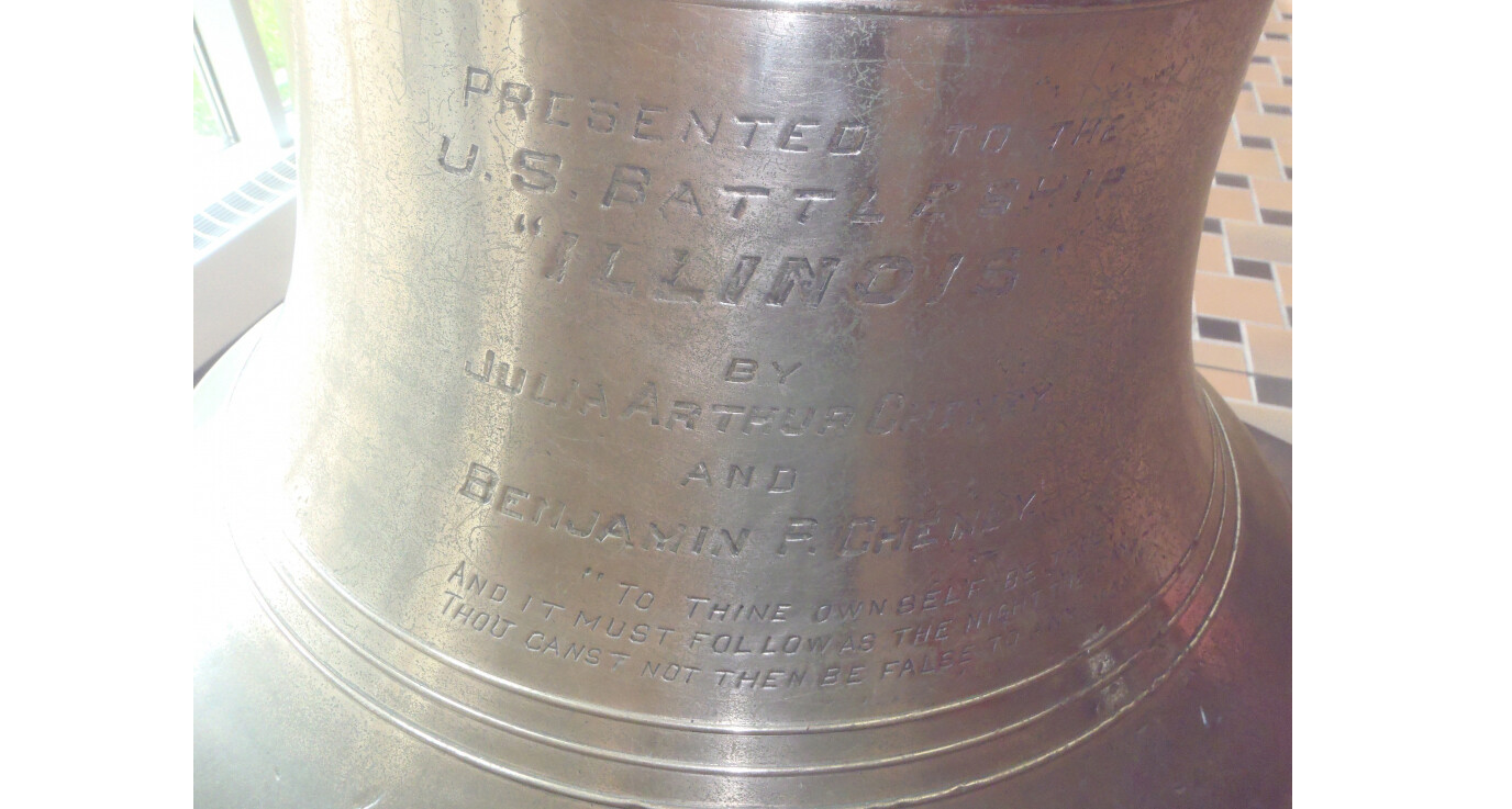 A closeup of the USS Chicago bell. (Photo via legion.org/memorials)