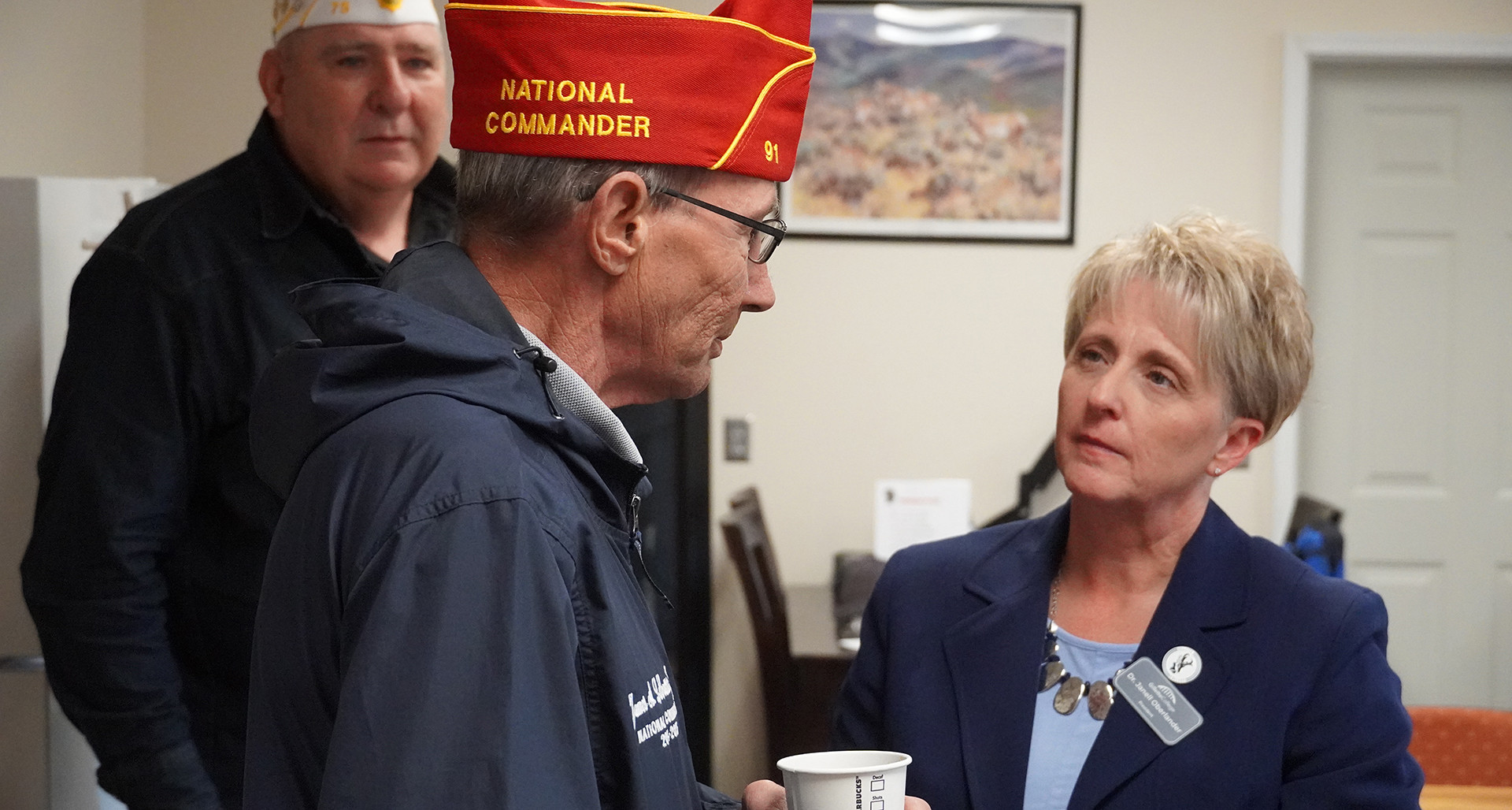 National Commander LaCoursiere speaks with Gillette College President, Dr. Janell Oberlander at American Legion Post 307 on the campus of Gillette College in Wyoming.