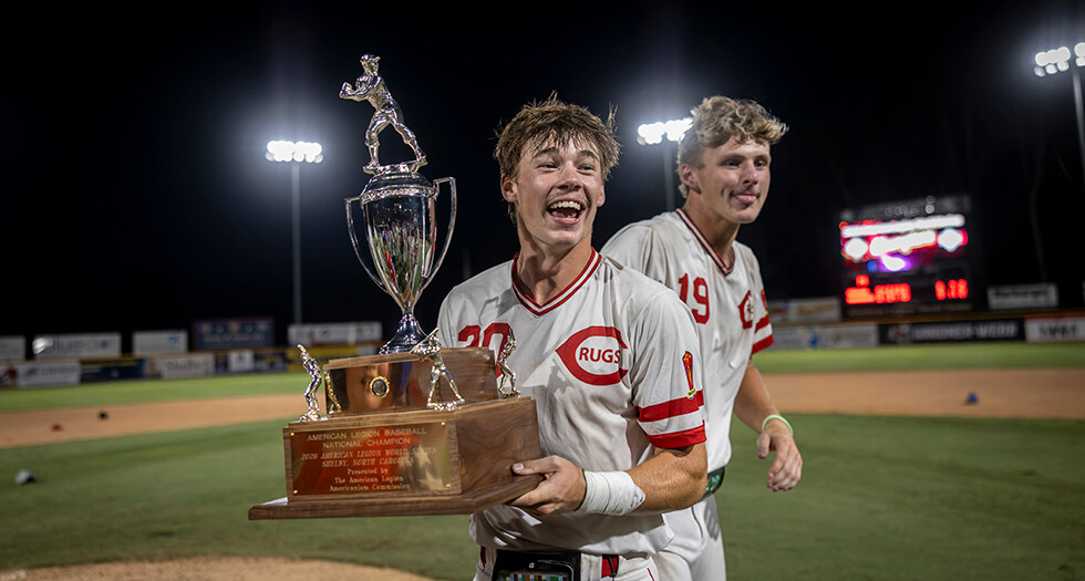 Sam Sutko and Jackson Makovicka of Lincoln, Neb. Post 500 celebrate winning the 2026 American Legion World Series at Keeter Stadium in Shelby, N.C. Photo by Chet Strange