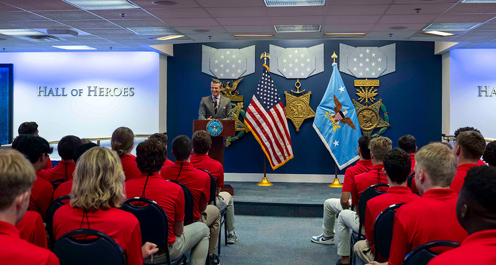 Secretary of Defense Pete Hegseth speaks to students from the American Legion Boys Nation at the Pentagon. (DoD photo by U.S. Air Force Staff Sgt. Madelyn Keech)