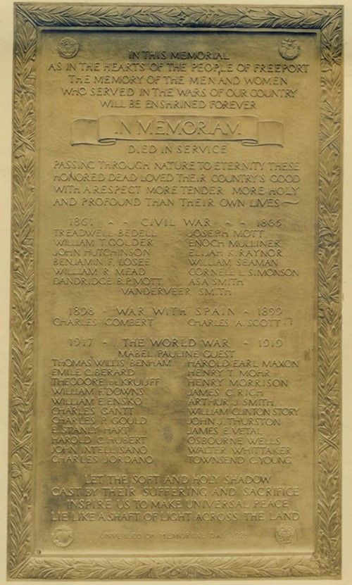 Memorial Tablet: Civil War; Spanish American War; and World War I