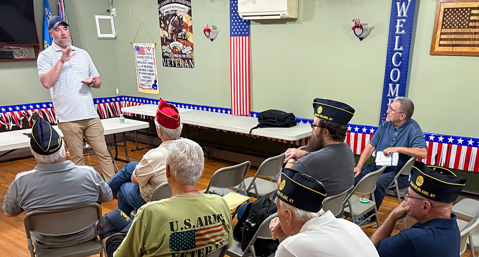 American Legion Legislative Director Cole Lyle leads a town hall Q&amp;A session at Post 1365 in Staten Island on Aug. 13. (Photo by Henry Howard)