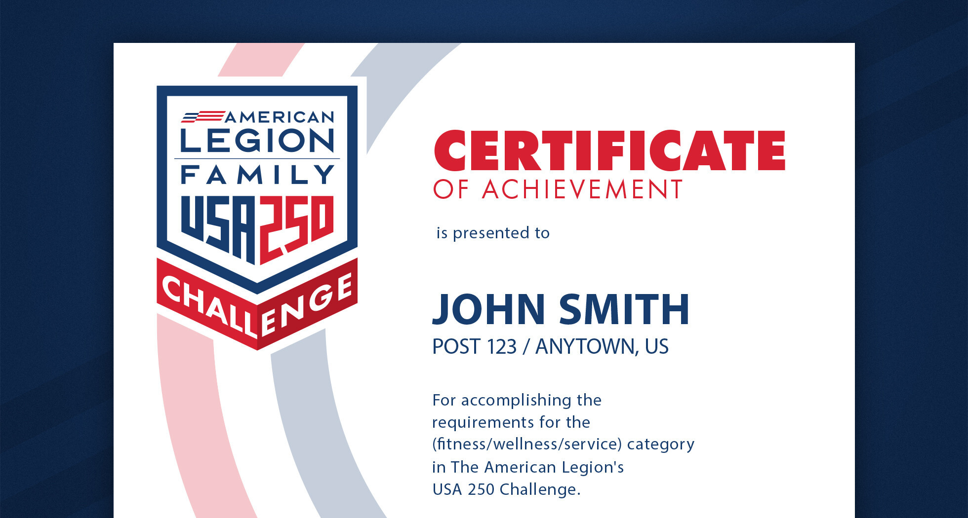 Celebrate completing the USA 250 Challenge with this finisher certificate