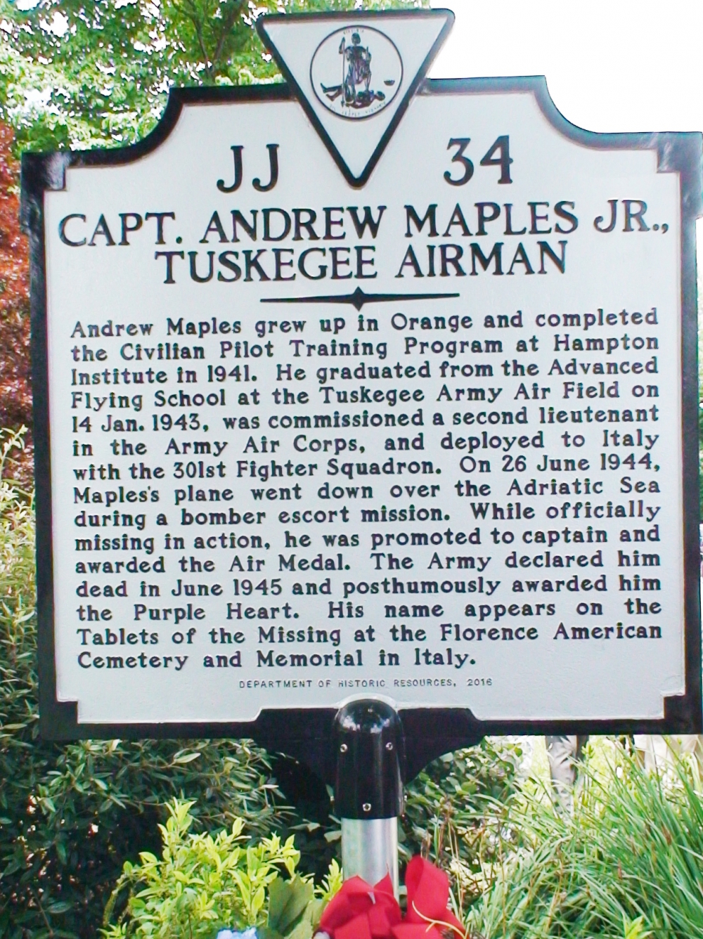 Capt. Andrew Maples, Jr., Tuskegee Airman Memorial Historical Marker