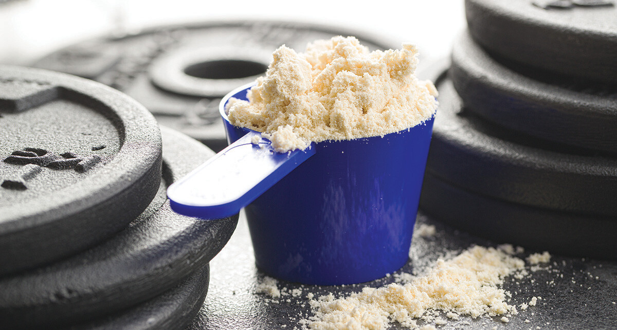 Whey protein powder in scoop.