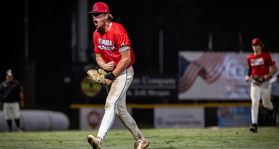 Cooper Kiker of Jacksonville, Fla., Post 316 celebrates the Jacksonville, Fla., Post 316 win during Game 3 of the 2026 American Legion World Series. Photo by Chet Strange