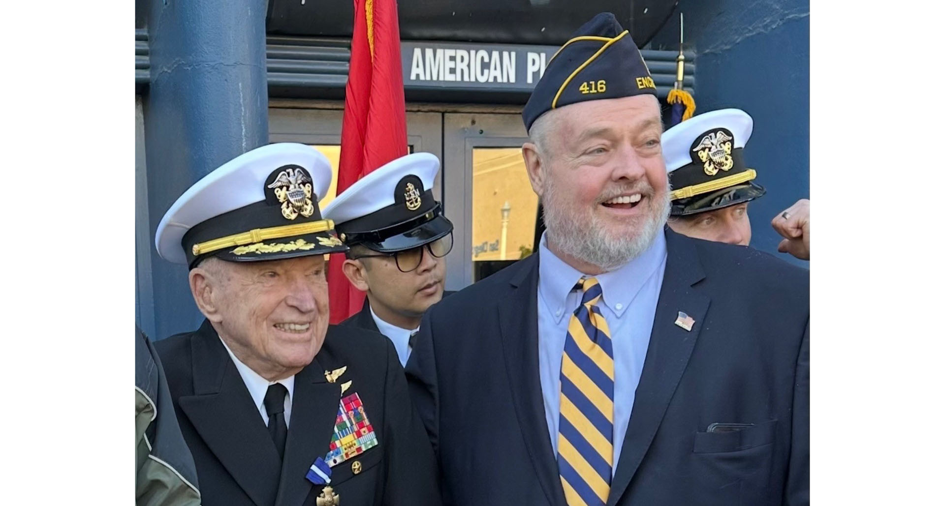 Legionnaire Steve Lewandowski with Royce Williams in 2023 when Williams received the Navy Cross.
