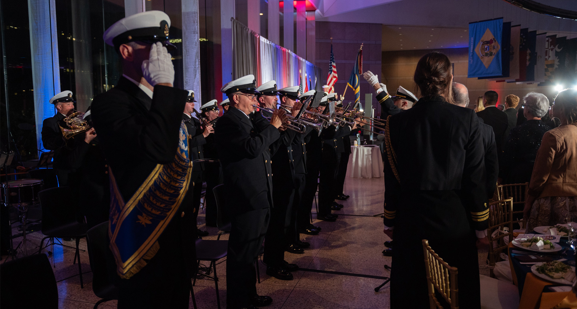 The U.S. Navy Ceremonial Band plays the national anthem at the Navy 250 Gala in the National Constitution Center. (Photo by Petty Officer 1st Class April Enos)