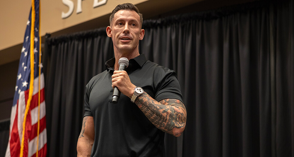 Johnny “Joey” Jones speaks at the Host City Welcome Dinner at Cleveland Community College in Shelby, N.C, on Wednesday, August 12. Photo by Chet Strange/The American Legion