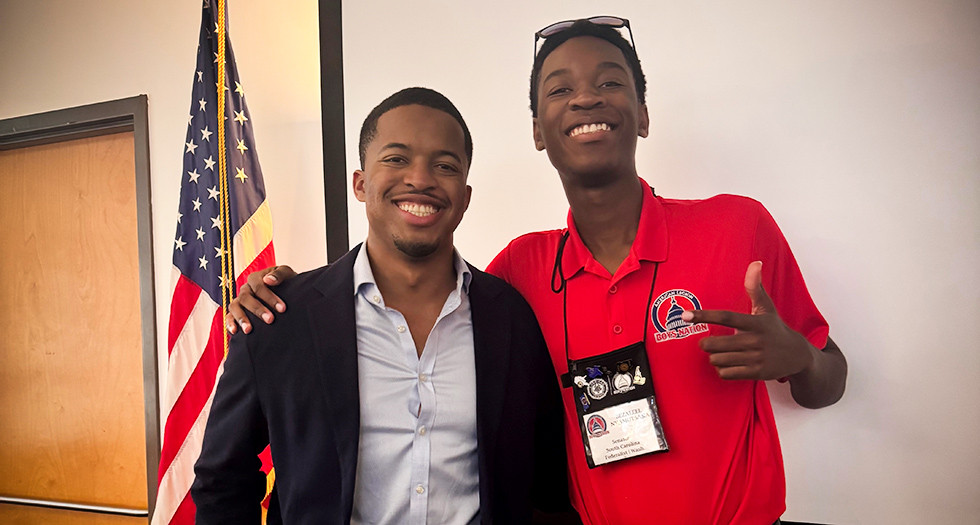 2015 Boys Nation alum William Pugh (left) attended the same high school in South Carolina that current senator Zuriel Nyamutsaka attends. (Photo by Riley Harvell)