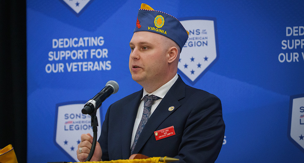 SAL 100th Anniversary Ad Hoc Committee Chairman Tyler Vanice speaks during the SAL Spring NEC Meeting in Indianapolis on May 3. Photo by Jennifer Blohm/The American Legion