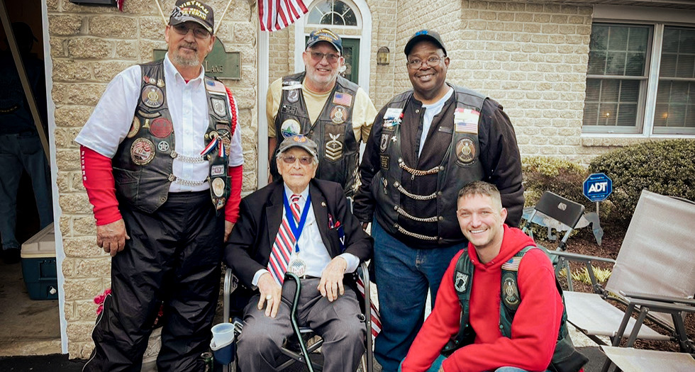 From left, Past Pennsylvania Legion Riders State Directors Jon Hosfeld, Tom Ross and Phil Campbell, and current State Director Mike Ross with World War II veteran Sam Worley. (Photo provided)