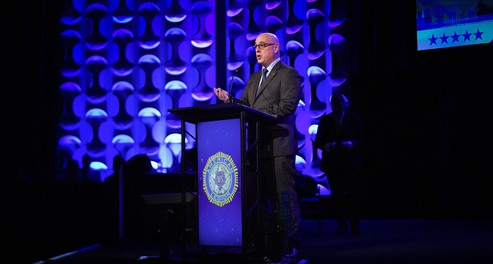 Student Veterans of America President/CEO Cory Boatwright addresses The American Legion 107th National Convention in Louisville, Ky. Photo by Owen J. Bagwell/The American Legion