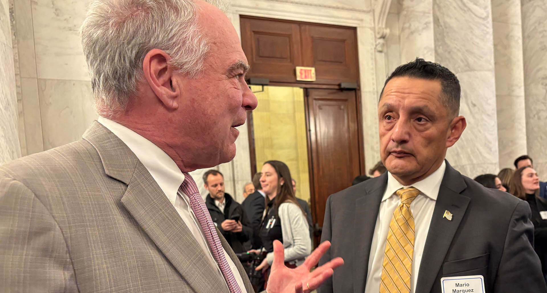 Sen. Tim Kaine and American Legion Executive Director Mario Marquez at AUMF passage gathering in Washington, D.C.