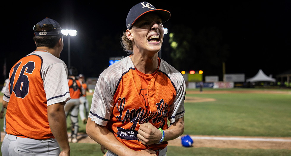 League City, Texas Post 554 celebrates their win during Game 14 of the 2025 American Legion World Series. Photo by Chet Strange