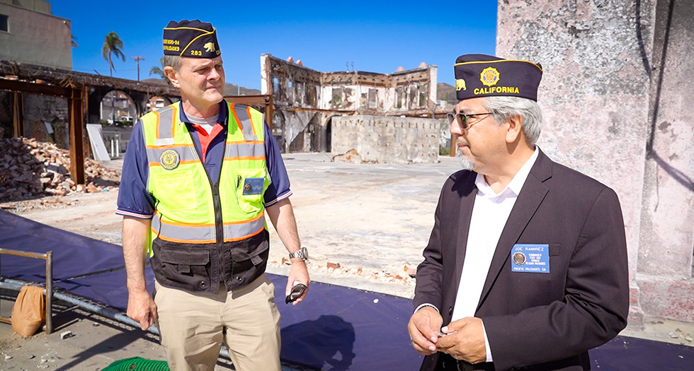 Ronald Reagan Palisades Post 283 Commander Joe Ramirez and Jr. Past Commander Jim Cragg survey the continuing recovery of their community in the aftermath of the 2025 wildfires.