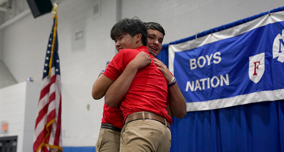 President Luke Lawson (right) and Vice President Nick Frazier of Alabama celebrate following the 2025 Boys Nation senate elections. Photo by Jennifer Blohm/The American Legion