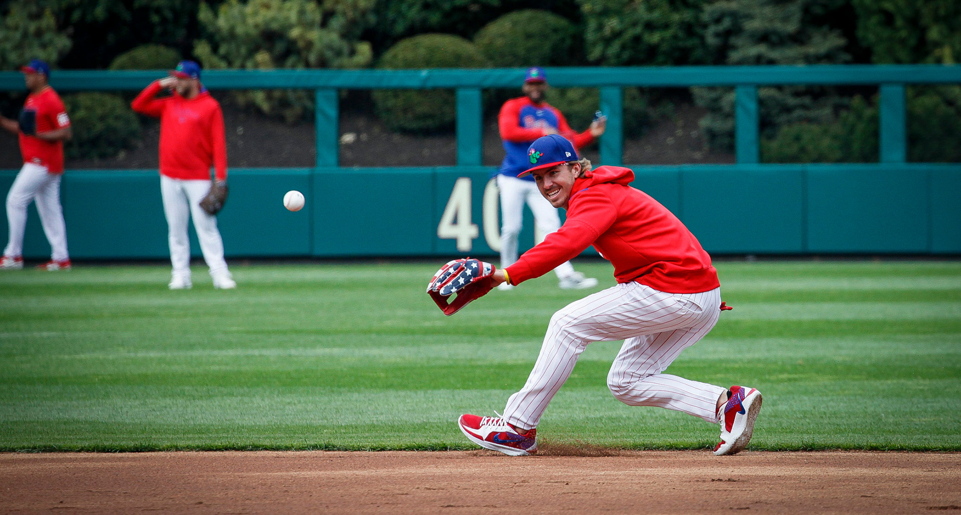 Former American Legion Baseball player Bryson Stott fields balls during batting practice at Citizens Bank Park in Philadelphia, PA on Wednesday, April 2, 2025. Photo by Denise Henhoeffer