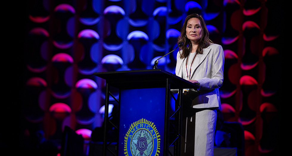 U.S. Semiquincentennial Commission Chair Rosie Rios speaks at The American Legion National Convention. Photo by Jennifer Blohm/The American Legion