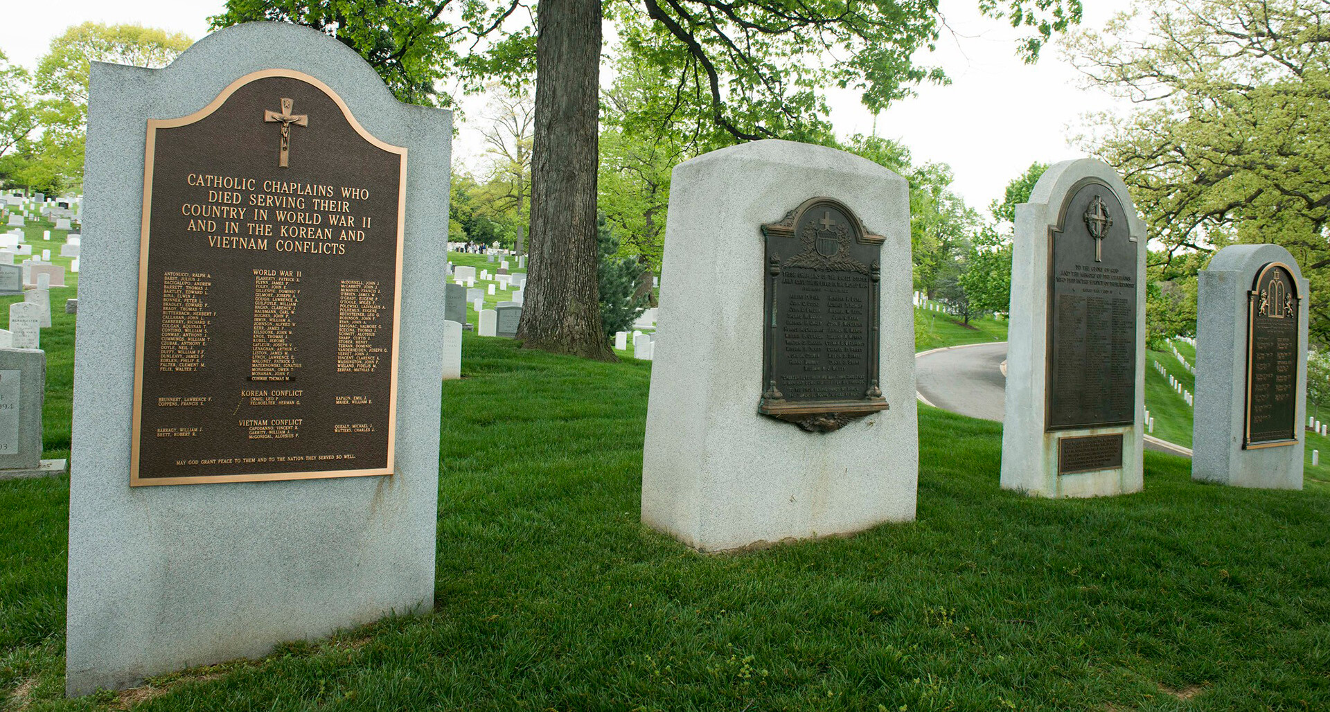 The four monuments on Chaplains Hill, in Arlington National Cemetery. (U.S. Army photo by Rachel Larue)