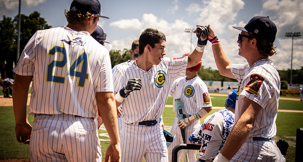 George Chevalier of Chesapeake, Va. Post 280 celebrates with his teammates during Game 2 of the 2025 American Legion World Series. Photo by Chet Strange
