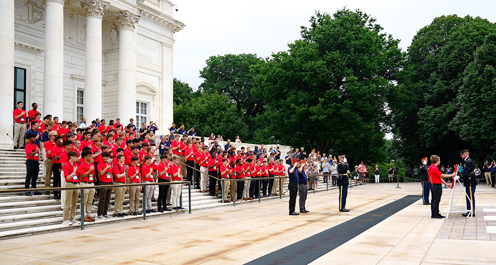 Boys Nation Senators, staff during a wreath laying at Arlington National Cemetery in Arlington, Va., Monday July 21. Photo by Jennifer Blohm/The American Legion