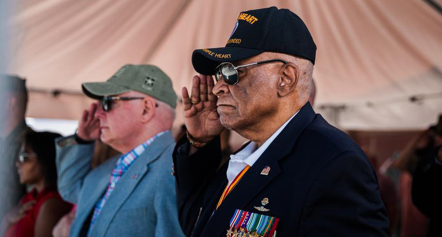 Former Marine Corps Maj. James Capers salutes during a ceremony at Camp Lejeune, N.C., in June 2021. (U.S. Marine Corps photo )
