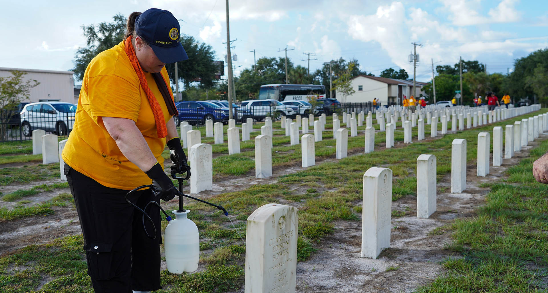 During the 2025 National Convention in Tampa, Fla., members of the Legion Family cleaned headstones in a cemetery at American Legion Post 5.