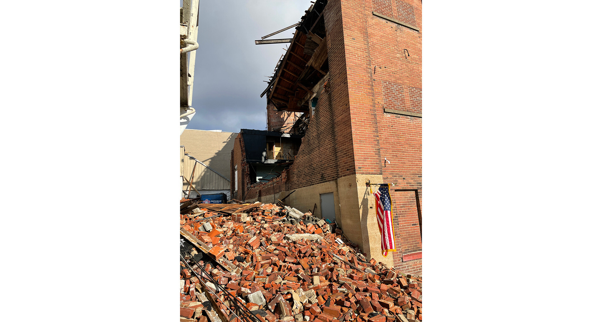 The back of the heavily damaged American Legion Post 26 building in downtown Mayfield, Ky. (Photo by Henry Howard.)