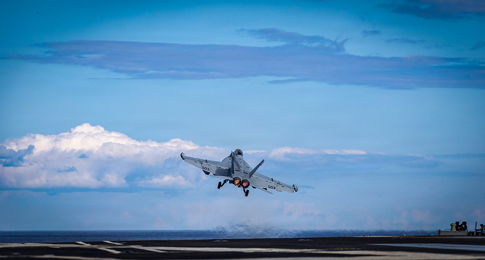 An E/A-18G Growler aircraft launches from the flight deck of the USS Gerald R. Ford while operating in support of Operation Epic Fury, March 1. (U.S. Navy photo)