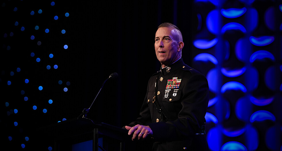 Marine Corps Brig. Gen. Lance J. Langfeldt  addresses the The American Legion 107th National Convention in Louisville, Ky. Photo by Jennifer Blohm/The American Legion