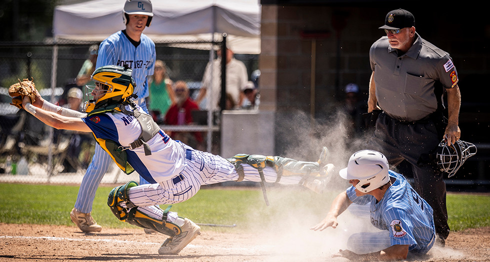 Connor Erickson of Glenwood-Lowry Posts 187/253 slides into home during the championship game of The American Legion Baseball Centennial Classic in Milbank, S.D. Photo by Chet Strange