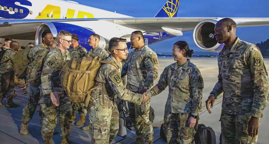 Soldiers with the 35th Air Defense Artillery Brigade arrive at Osan Air Base, South Korea. (Jason Palacios/U.S. Army)