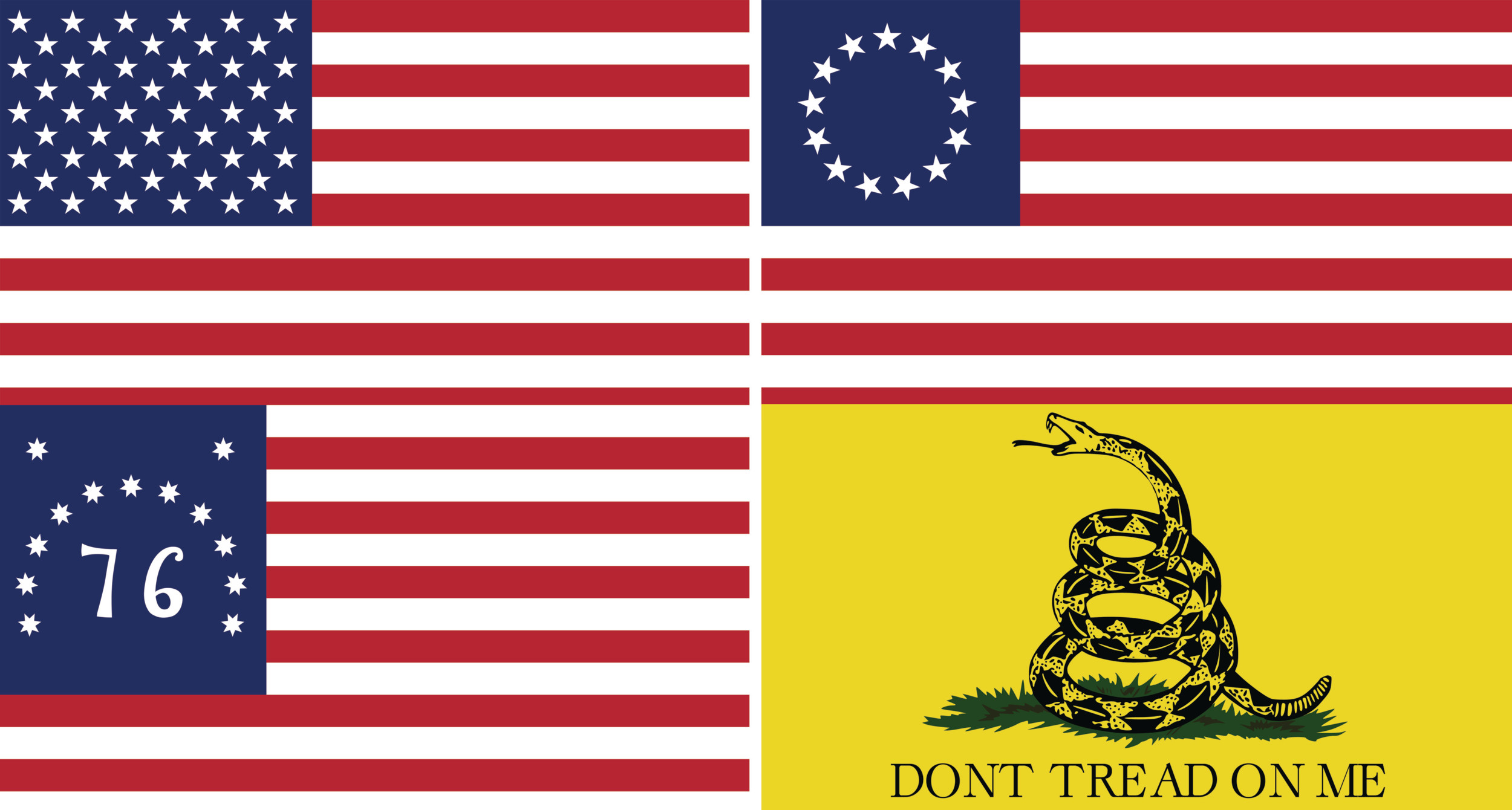 Upper left regular U.S. flag, upper right Betsy Ross flag, lower left Bennington flag, lower right Gadsden flag