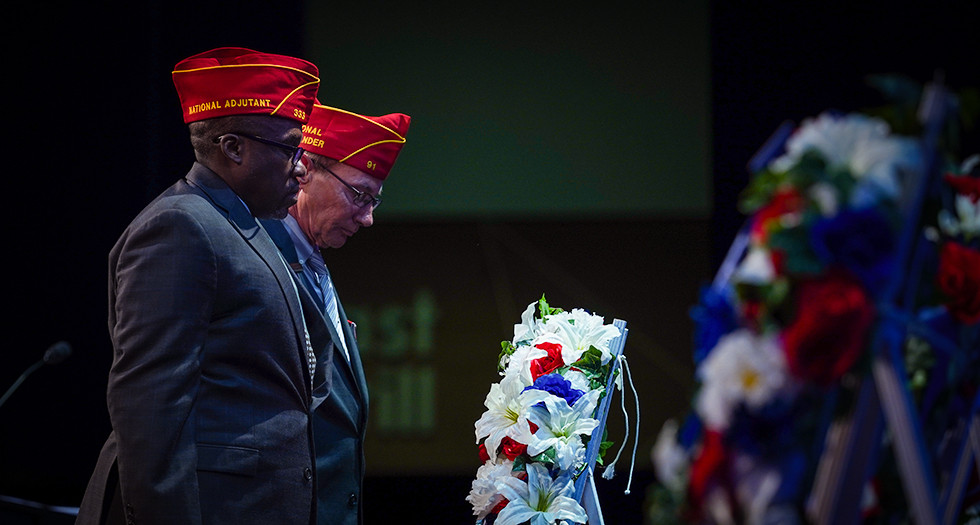 National Adjutant Rodney Rolland and National Commander James LaCoursiere Jr. place a wreath during the 2025 American Legion National Convention Patriotic Memorial Service. Photo by Jeric Wilhelmsen