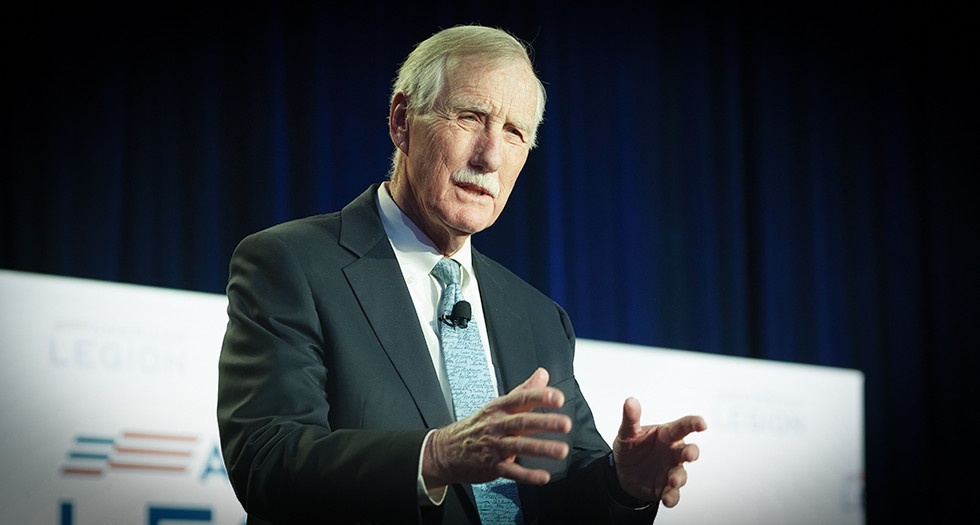 American Legion Distinguished Service Recipient Sen. Angus King speaks during the Commander's Call at the Washington Conference. Photo by Owen J. Bagwell/The American Legion