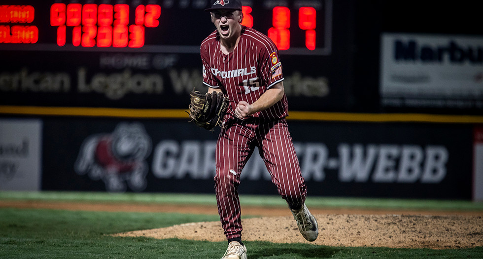 Micah Simpson of Asheville, N.C. Post 70 celebrates after throwing the game winning pitch during Game 4 of the 2025 American Legion World Series. Photo by Chet Strange