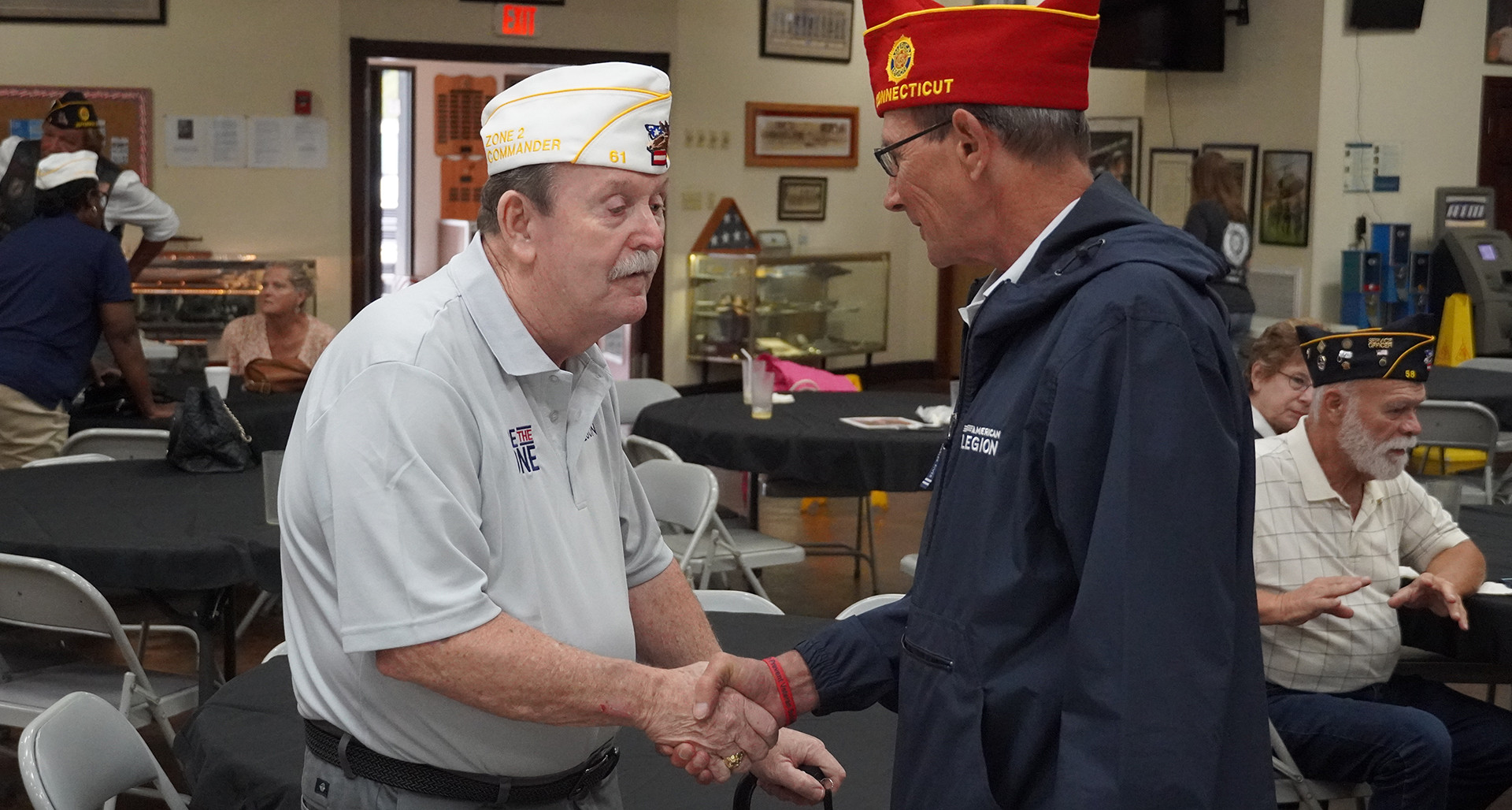 National Commander LaCoursiere is welcomed to Smithville American Legion Post 58 by Missouri Zone 2 Vice Commander Calvin Bumgarner.