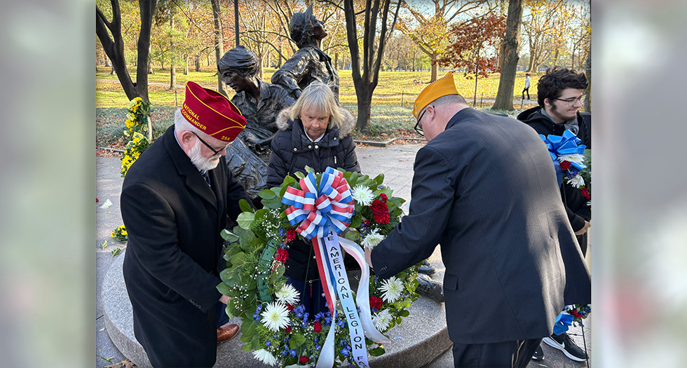 National American Legion Family leadership place wreaths at the National Vietnam Veterans Memorial and Vietnam Women’s Memorial in Washington, D.C. Photo by Henry Howard