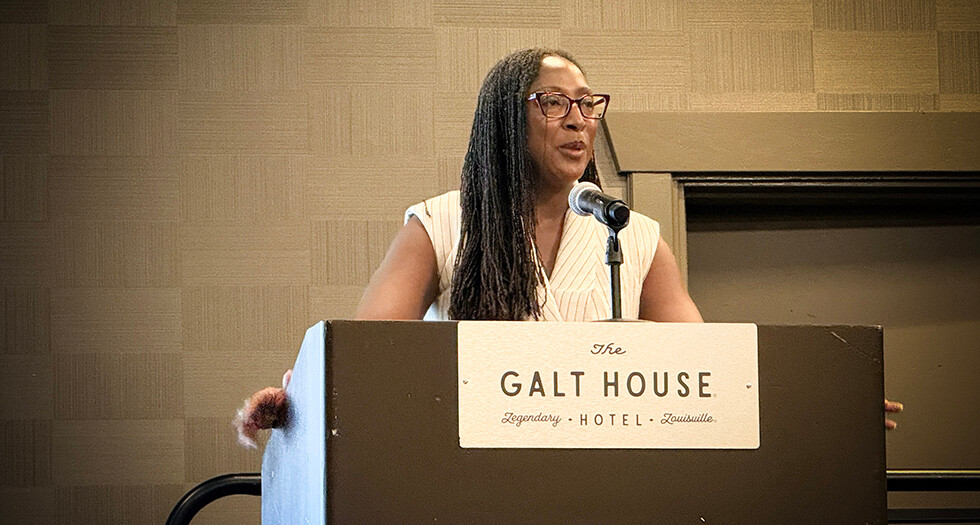 Chantile Stovall, VA's executive director of veterans readiness and employment services, addresses the Task Force Movement meeting in Louisville, Ky. (Photo by Holly K. Soria/The American Legion)