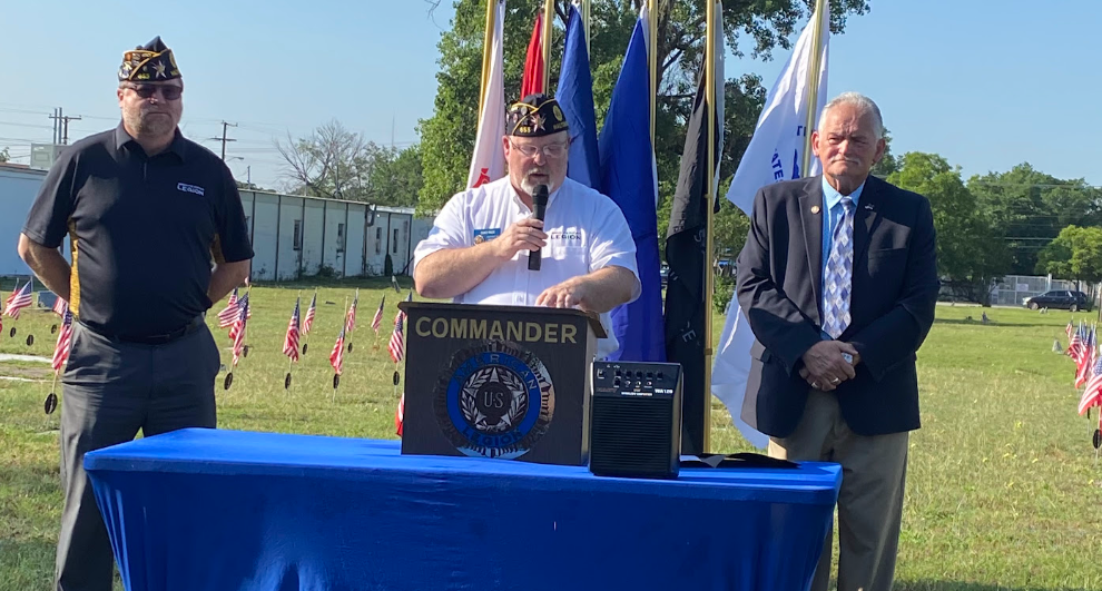 Chad Page (center), flanked by fellow Legionnaires Jack Webb (left) and Jack Sheffield, speaks at a recent Memorial Day ceremony. (Photo via Chad Page)