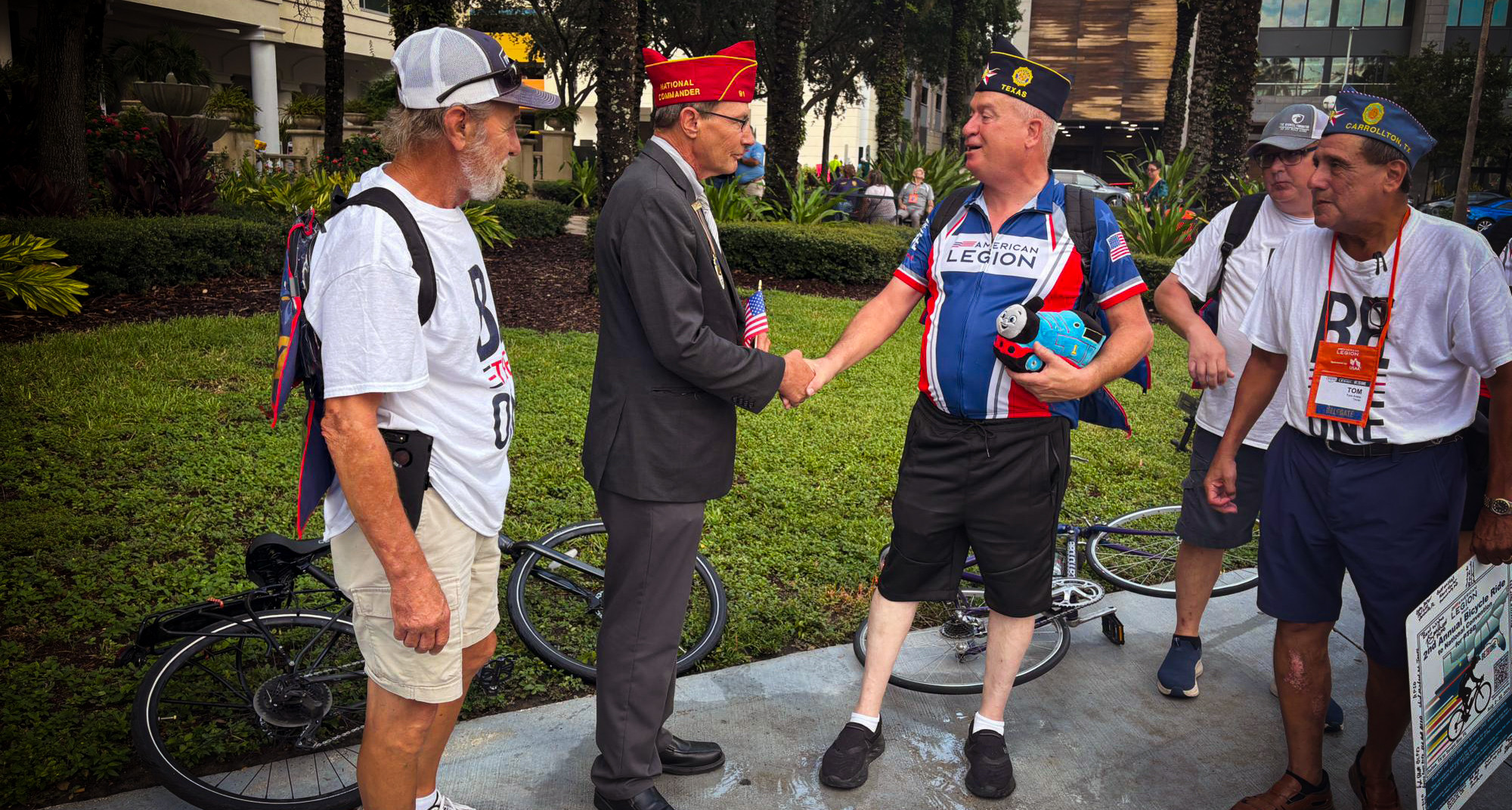 Department of Texas members rode bicycles from Texas to Florida in support of Be the One. National Commander James LaCoursiere Jr. greeted the riders in Tampa for the 106th National Convention.