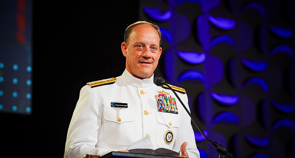 U.S. Navy Rear Admiral Robert C. Nowakowski accepts the 2025 American Legion Distinguished Service Medal on behalf of the Navy. Photo by Jeric Wilhelmsen/The American Legion