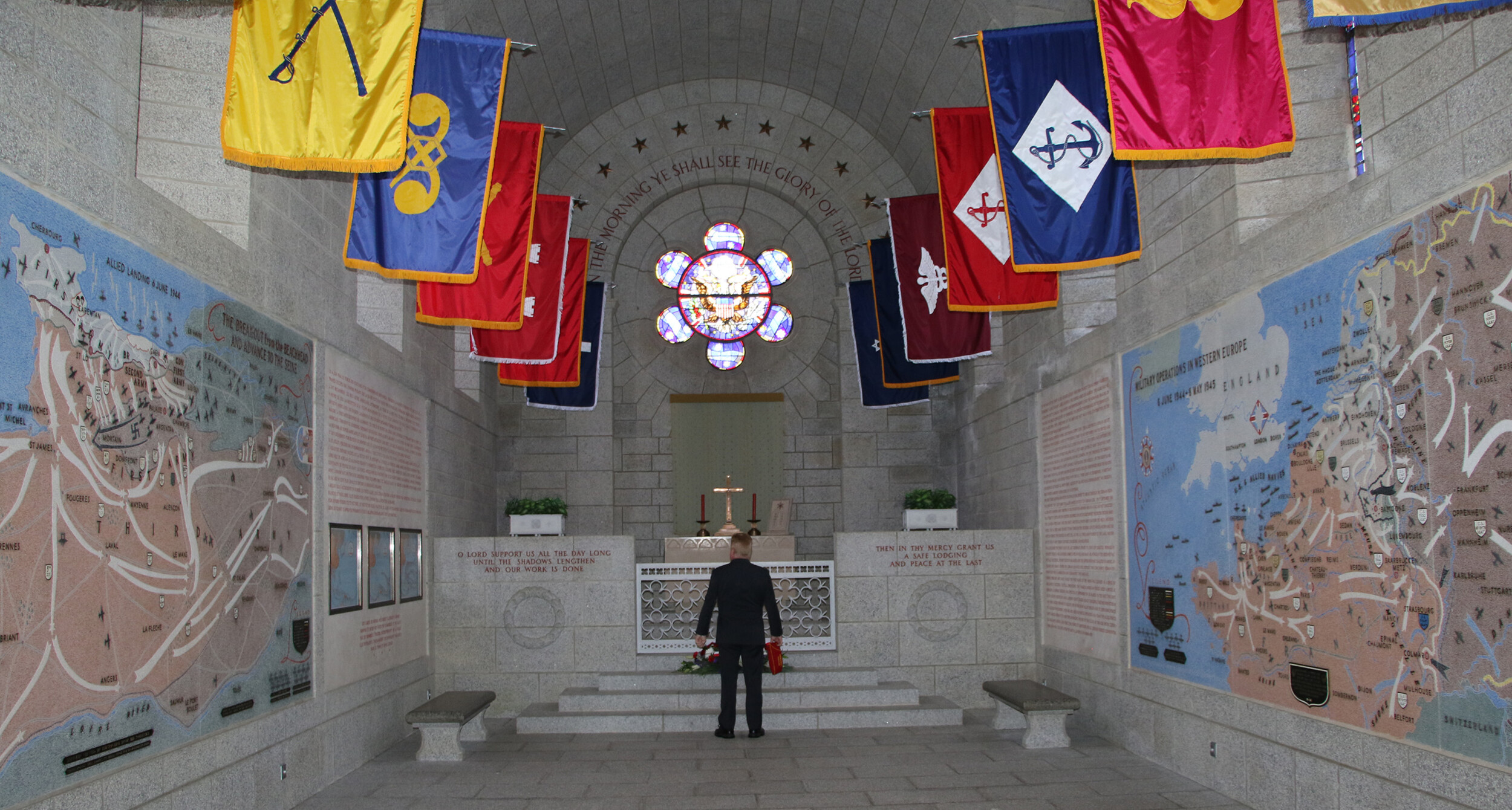 American Legion National Commander Dan Wiley tours the chapel at the Brittany American Cemetery and Memorial in Saint-James, France.