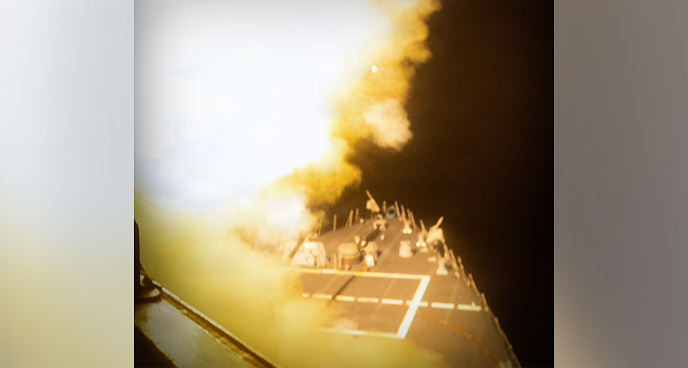Guided-missile destroyer USS Delbert D. Black fires a Tomahawk Land Attack Missile during operations in the U.S. Central Command area of responsibility on March 2. (U.S. Navy photo)