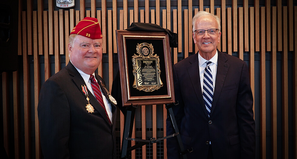 National Commander Dan K. Wiley presents the 2026 American Legion Patriot Award to Sen. Jerry Moran during the 107th American Legion National Convention in Louisville, Ky.